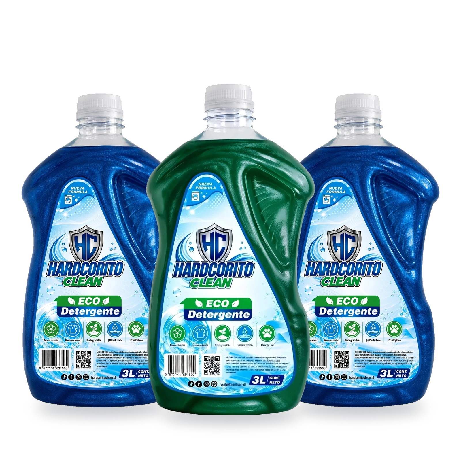 Pack de 3 botellas Hardcorito Clean, surtido azul y verde Tres botellas de 3 litros: dos azules y una verde